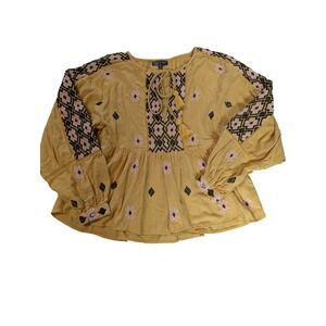 Topshop Yellow Embroidered Boho Peasant Blouse Tassel Tie V-Neck Cotton US 2
